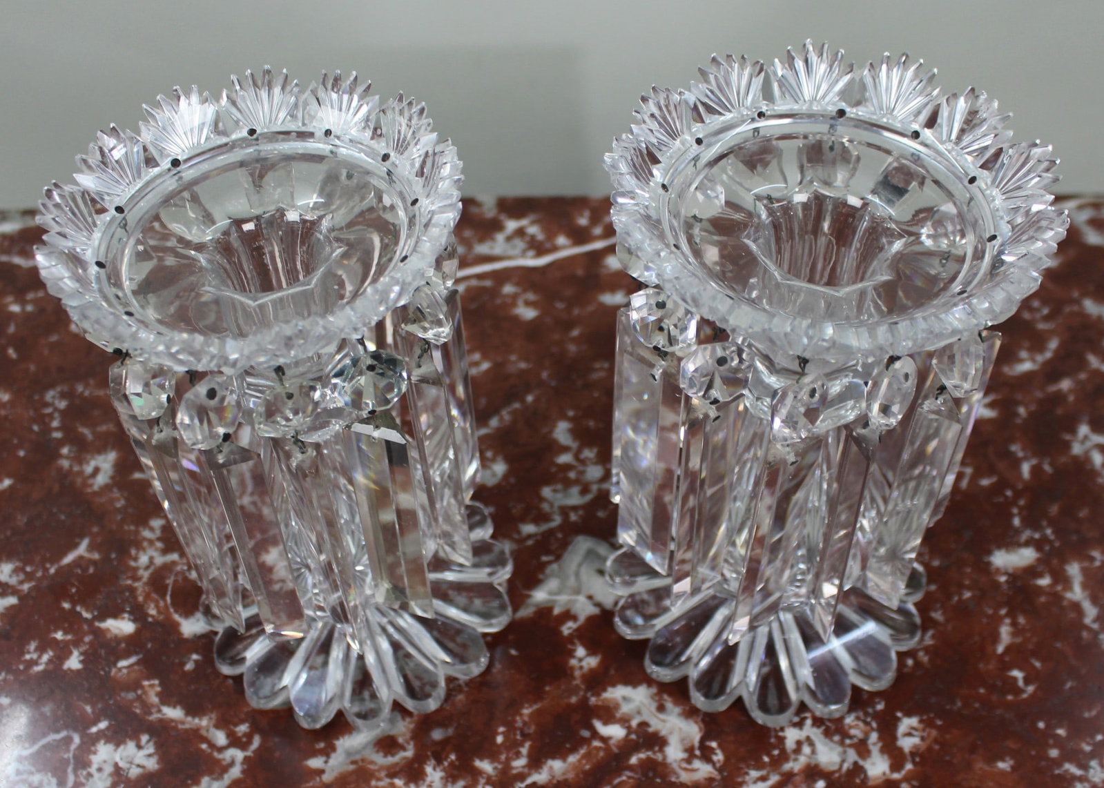Fine Pair of Antique Cut Crystal Lustre Vases with Prism Drops - 3