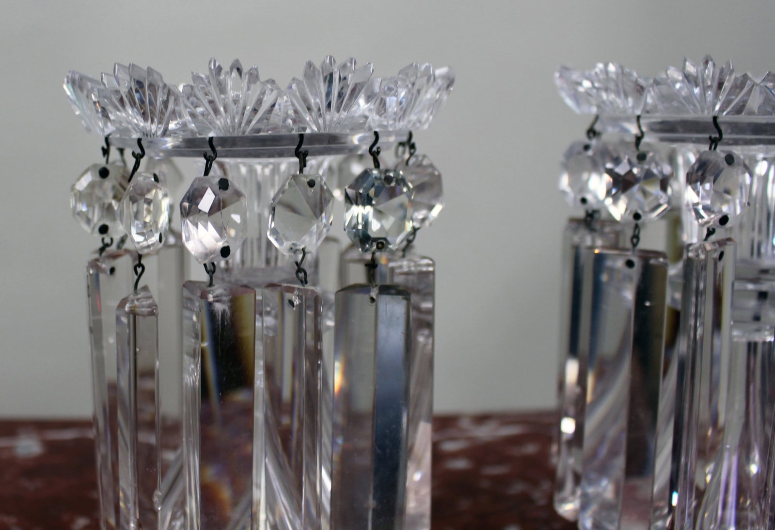 Fine Pair of Antique Cut Crystal Lustre Vases with Prism Drops - 5