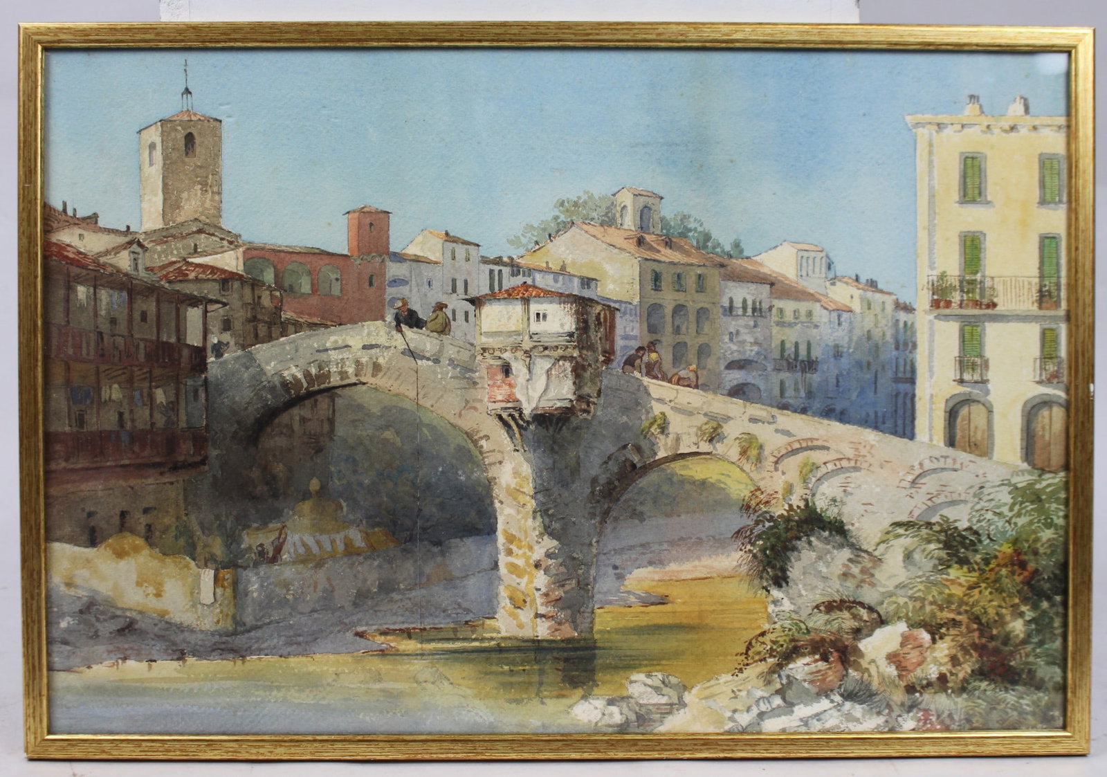 19th Century Watercolour – Italian Stone Bridge Scene, Signed J.L. 1877: Title: 19th Century Watercolour – Italian Stone Bridge Scene, Signed J.L. 1877 Description: 19th Century Italianate Watercolour – Signed J.L., Dated 1877 A finely painted 19th-century