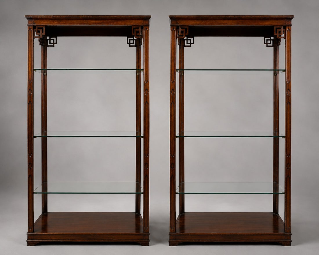 Pair of Large Vintage Chinese Chippendale Style Mahogany Display Shelves: Title: Pair of Large Vintage Chinese Chippendale Style Mahogany Display Shelves Description: Pair of Large Vintage Chinese Chippendale Style Mahogany Display Shelves A handsome pair of vintage