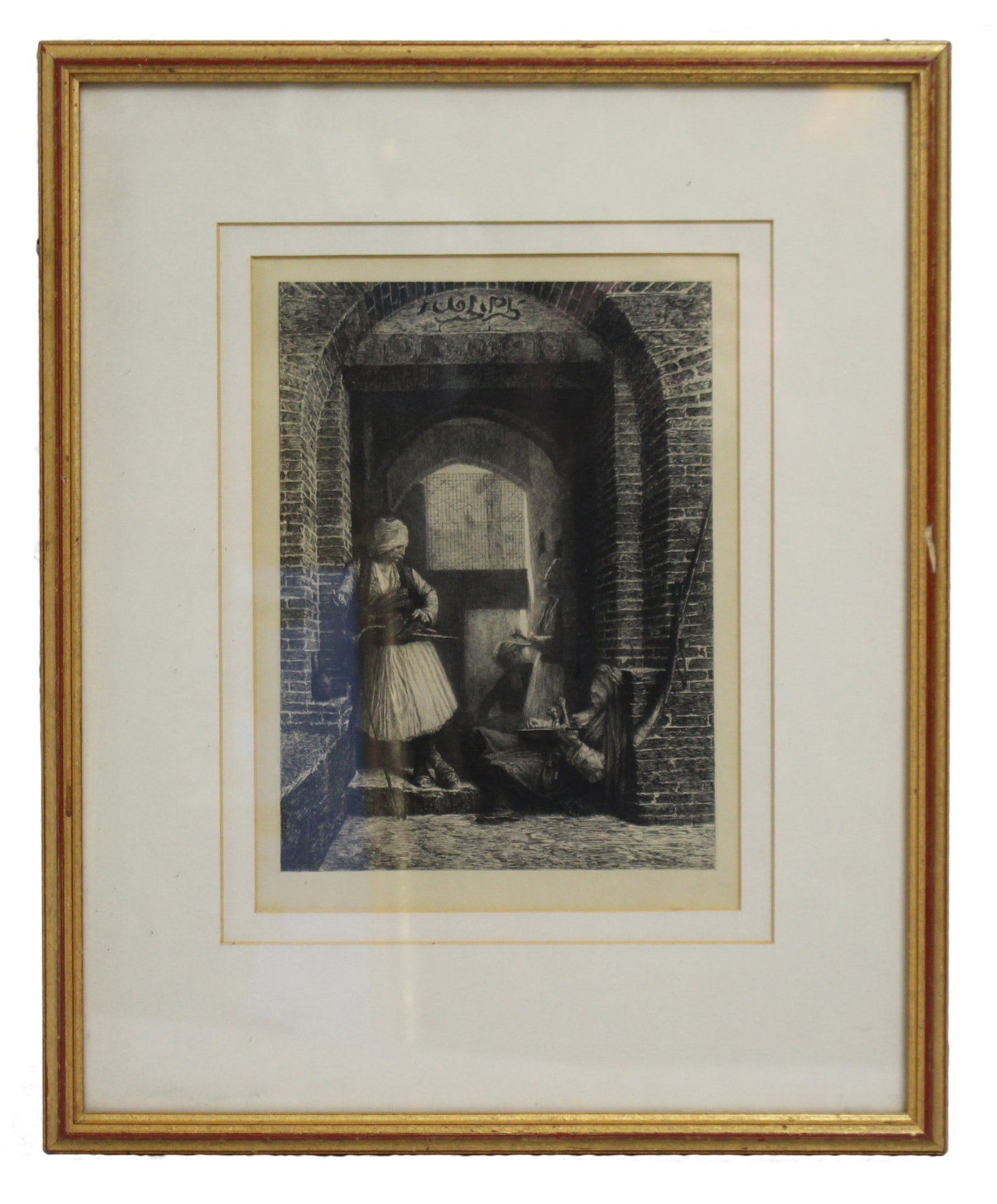 Victorian Etching of Orientalist Scene in Gilt Frame, c.1880: Title: Victorian Etching of Orientalist Scene in Gilt Frame, c.1880 Description: Victorian Etching of Orientalist Scene in Gilt Frame, c.1880 A late 19th-century etching depicting an Orientalist