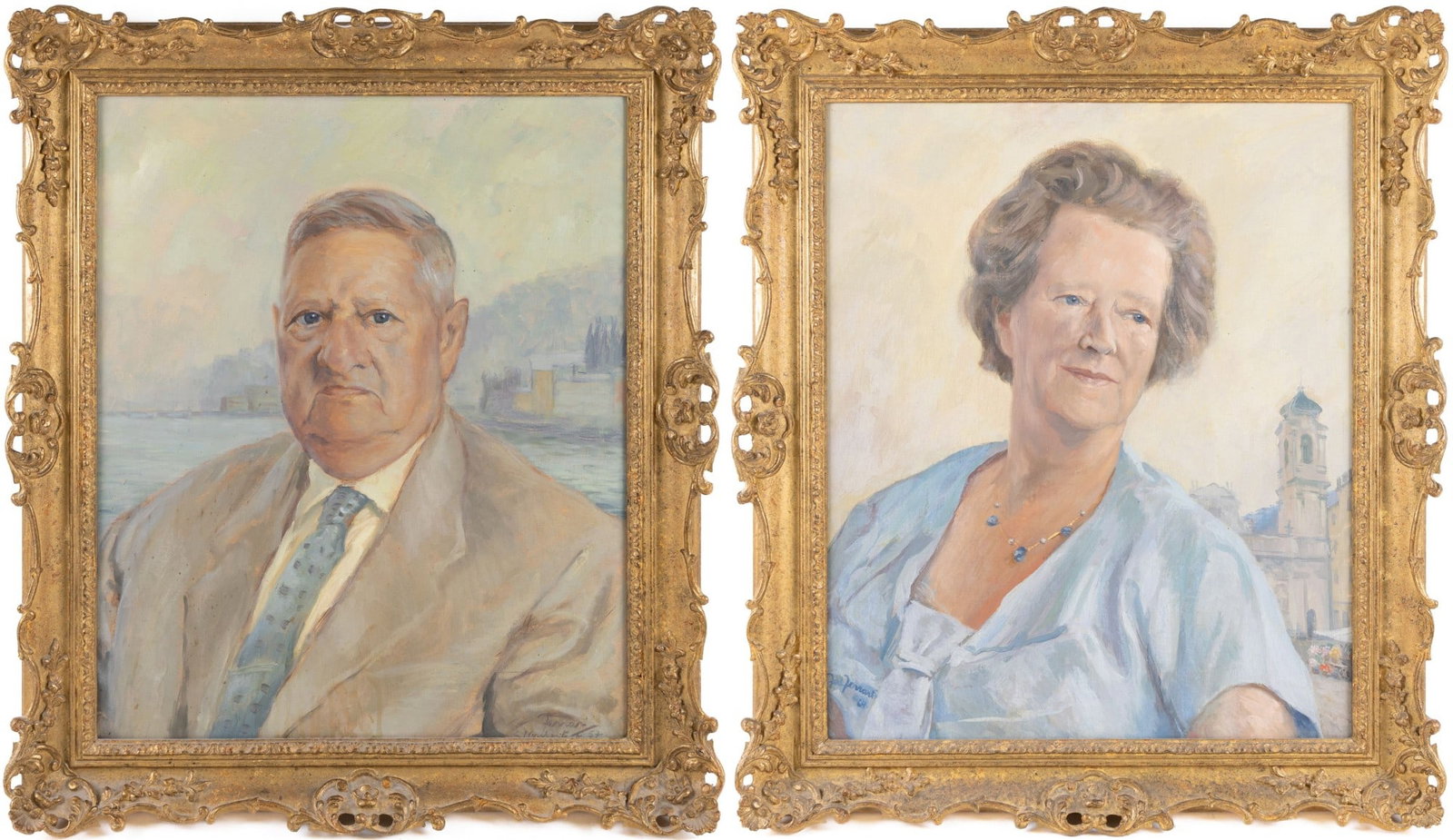 Pair of Mid 20th c. Italian Portraits in Swept Gilt Frames: Title: Pair of Mid 20th c. Italian Portraits in Swept Gilt Frames Description: Pair of Mid 20th C., Italian Portraits in Swept Gilt Frames A good-looking pair of mid-20th century Italian portraits