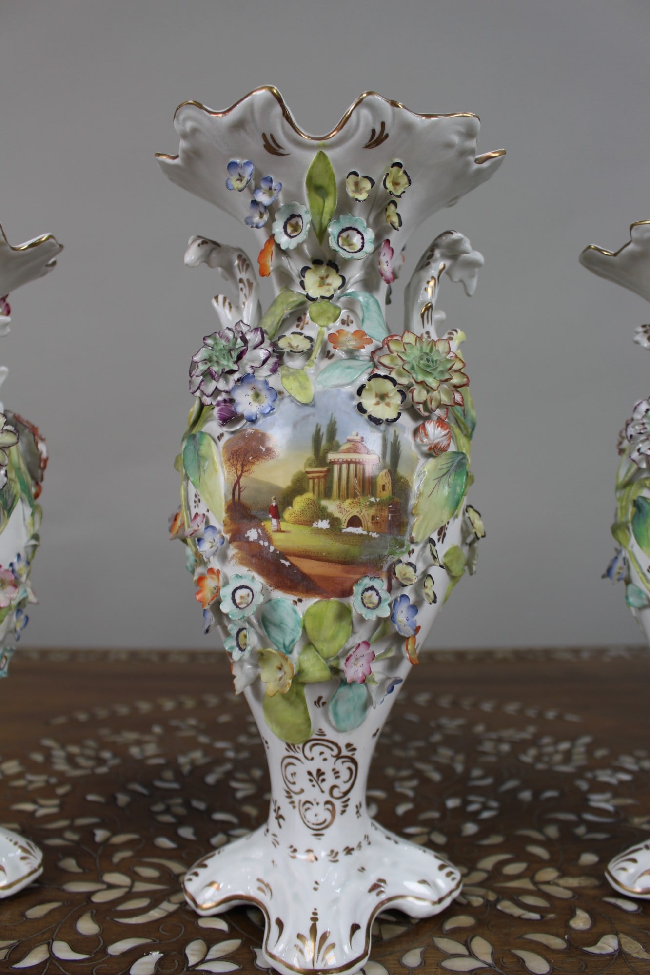 Garniture of Three English Flower-Encrusted Porcelain Vases, c.1850 (probably Samuel Alcock & Co.... - 10