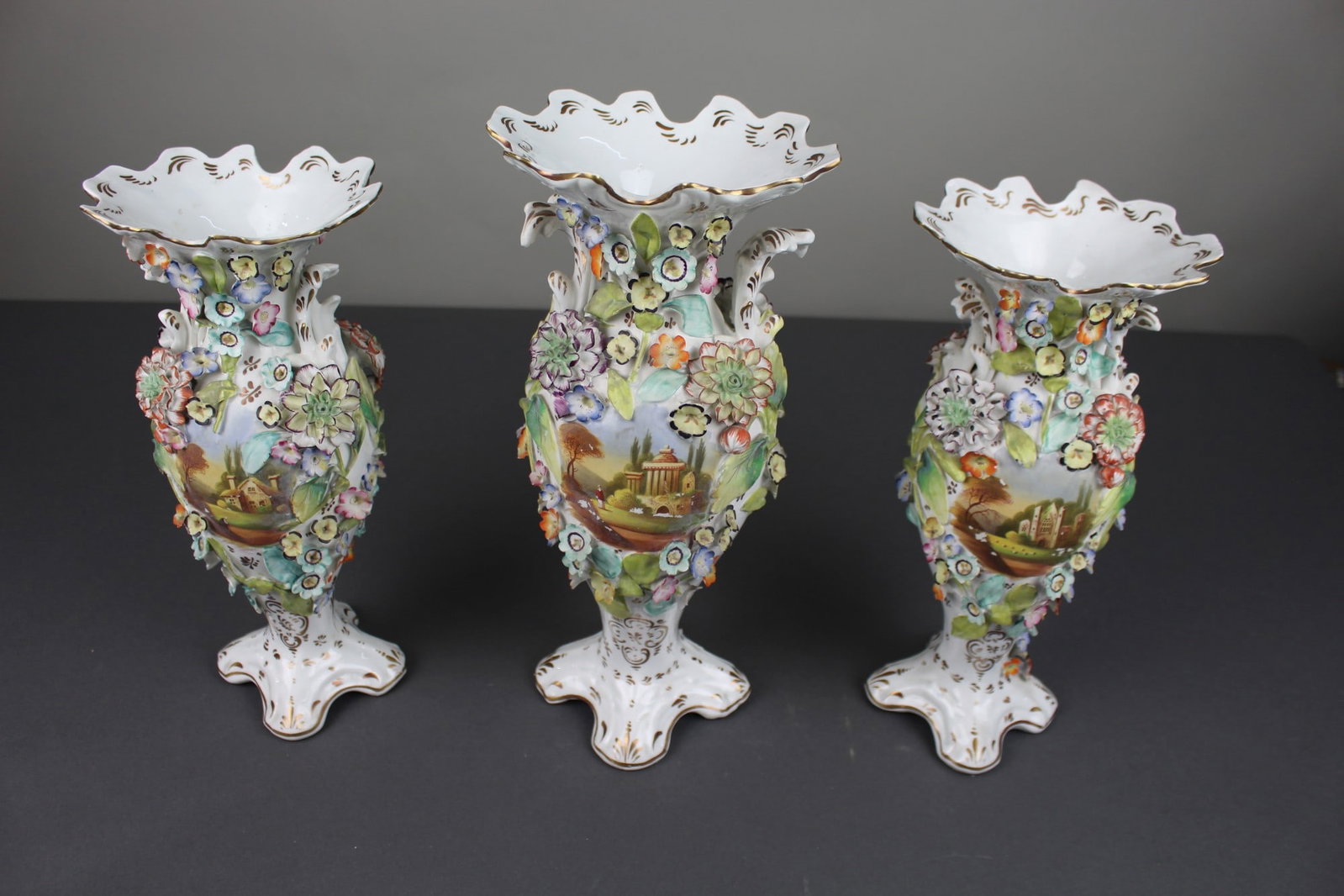 Garniture of Three English Flower-Encrusted Porcelain Vases, c.1850 (probably Samuel Alcock & Co.... - 3