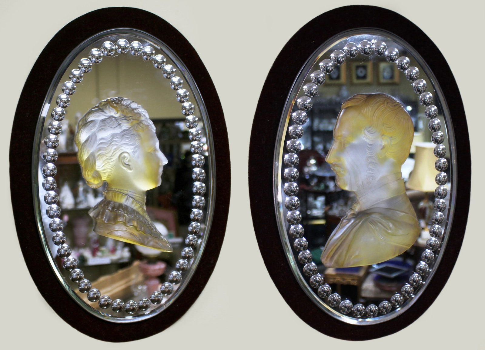 Pair of Victorian Royal Portrait Frosted Crystal and Mirror Plaques: Title: Pair of Victorian Royal Portrait Frosted Crystal and Mirror Plaques Description: Pair of Victorian Royal Portrait Frosted Crystal and Mirror Plaques England, circa 1860 A decorative pair of