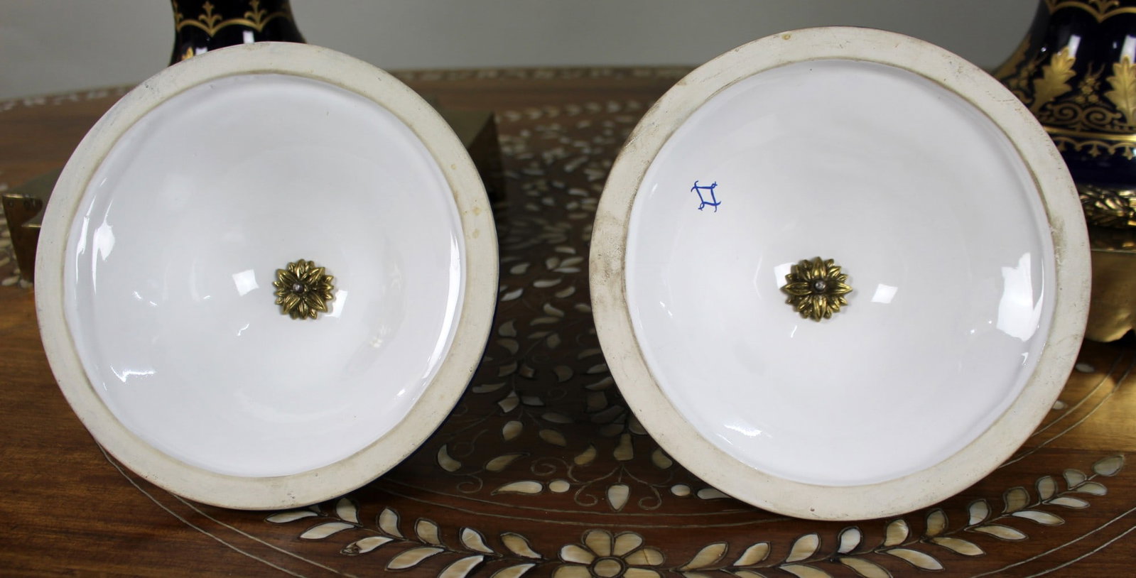 Pair of Fine Sevres Style Cobalt Blue Rams Head Lidded Urns - 2
