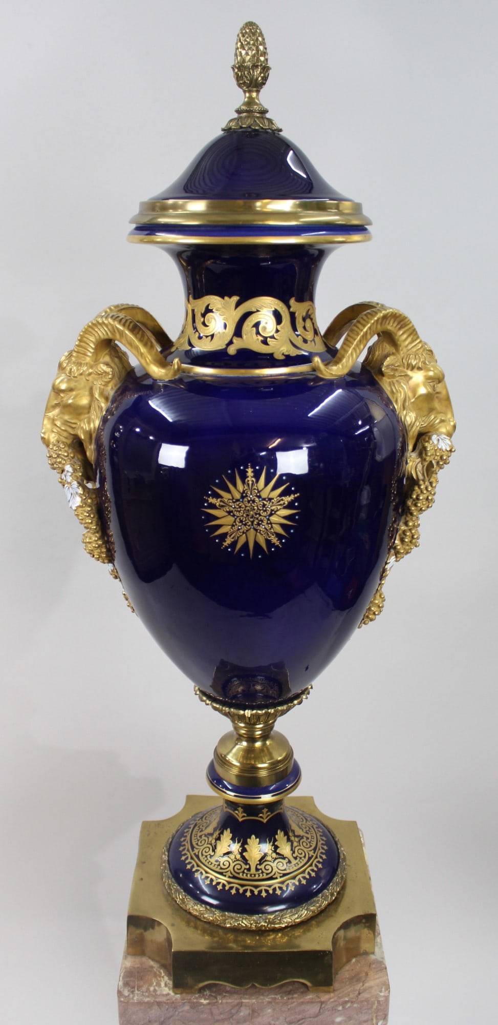 Pair of Fine Sevres Style Cobalt Blue Rams Head Lidded Urns - 4