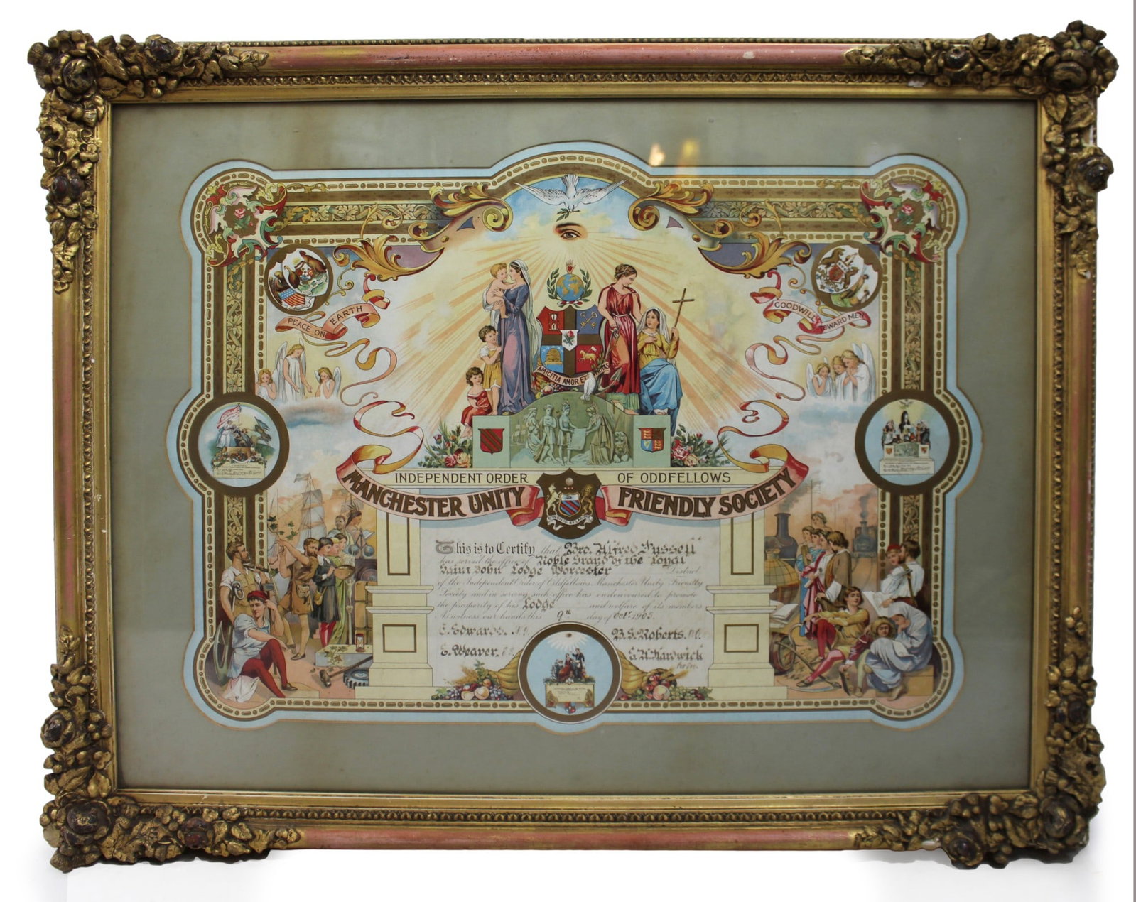 Edwardian Oddfellows Manchester Unity Friendly Society Certificate – Worcester – 1905: Title: Edwardian Oddfellows Manchester Unity Friendly Society Certificate – Worcester – 1905 Description: Edwardian Oddfellows Manchester Unity Friendly Society Certificate –