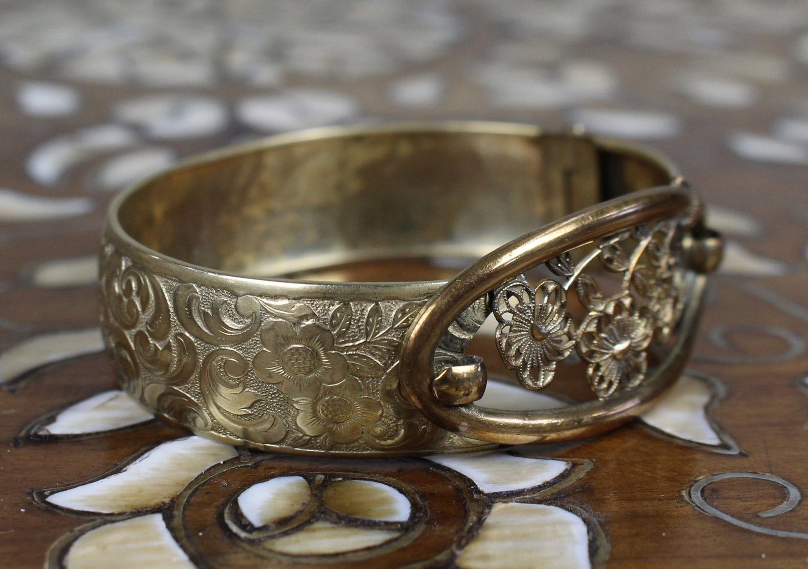Antique Gilt Filigree Hinged Bangle c.1900 - 3