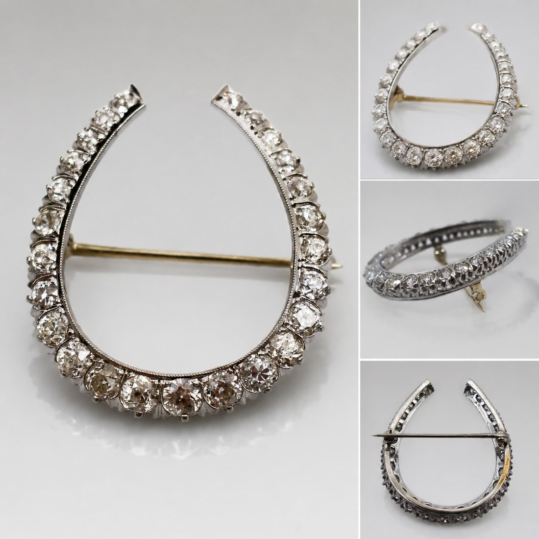 Fine Platinum Diamond Horseshoe Brooch, Circa 1925: Title: Fine Platinum Diamond Horseshoe Brooch, Circa 1925 Description: Platinum Diamond Horseshoe Brooch, Circa 1925 A tasteful and well-crafted horseshoe brooch, set in platinum with a row of