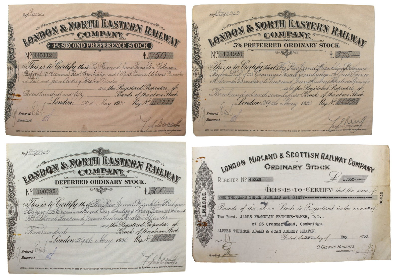 Vintage Railway Stock Certificates (4 Pieces) – (1930): Title: Vintage Railway Stock Certificates (4 Pieces) – (1930) Description: Vintage Railway Stock Certificates (4 Pieces) – London & North Eastern Railway and London Midland & Sc