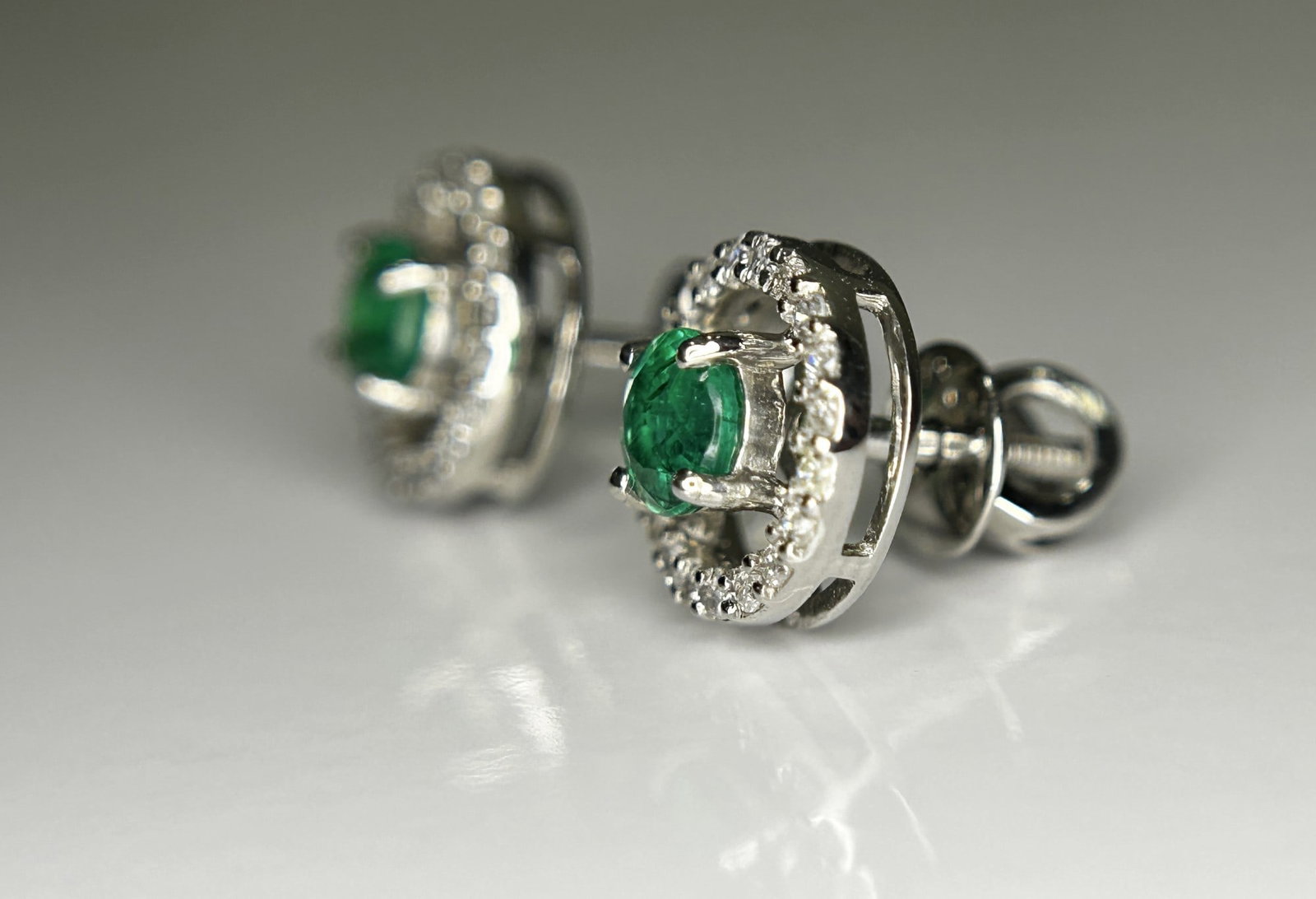 Beautiful 0.53ct Natural Emerald Halo Set Stud Earrings, Diamonds In Platinum 950 - 8