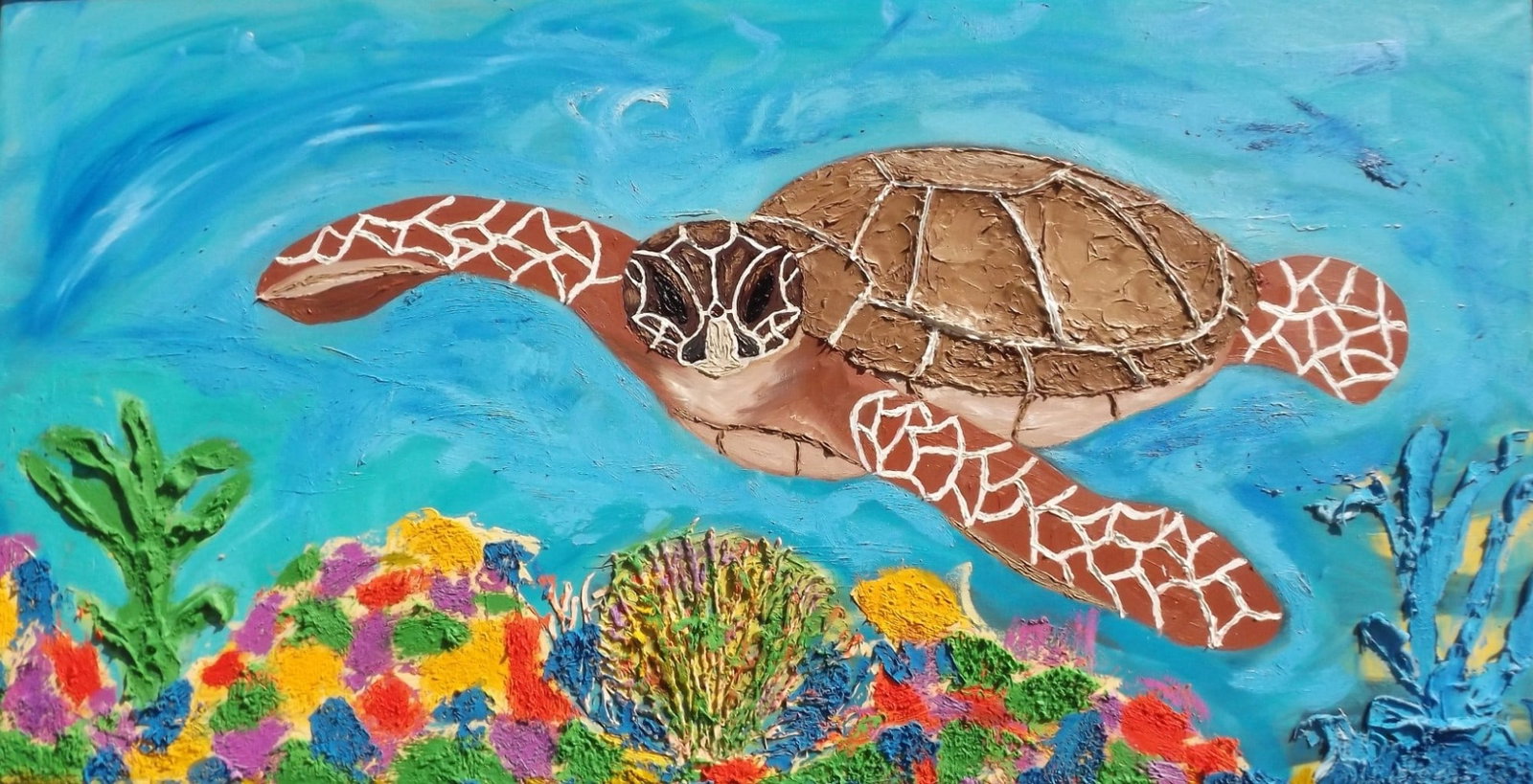 Large Textured Sea Turtle Oil Painting Ocean Guardian Reef Wall Art 129x67cm. Unique Oil Painting - 4
