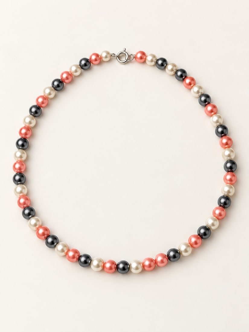 Three-Colour 8mm Pearl Necklace with 925 Sterling Silver Clasp – 40cm: Title: Three-Colour 8mm Pearl Necklace with 925 Sterling Silver Clasp – 40cm Description: Elegant 40cm necklace featuring lustrous 8mm round pearls in ivory white, coral pink and dark grey