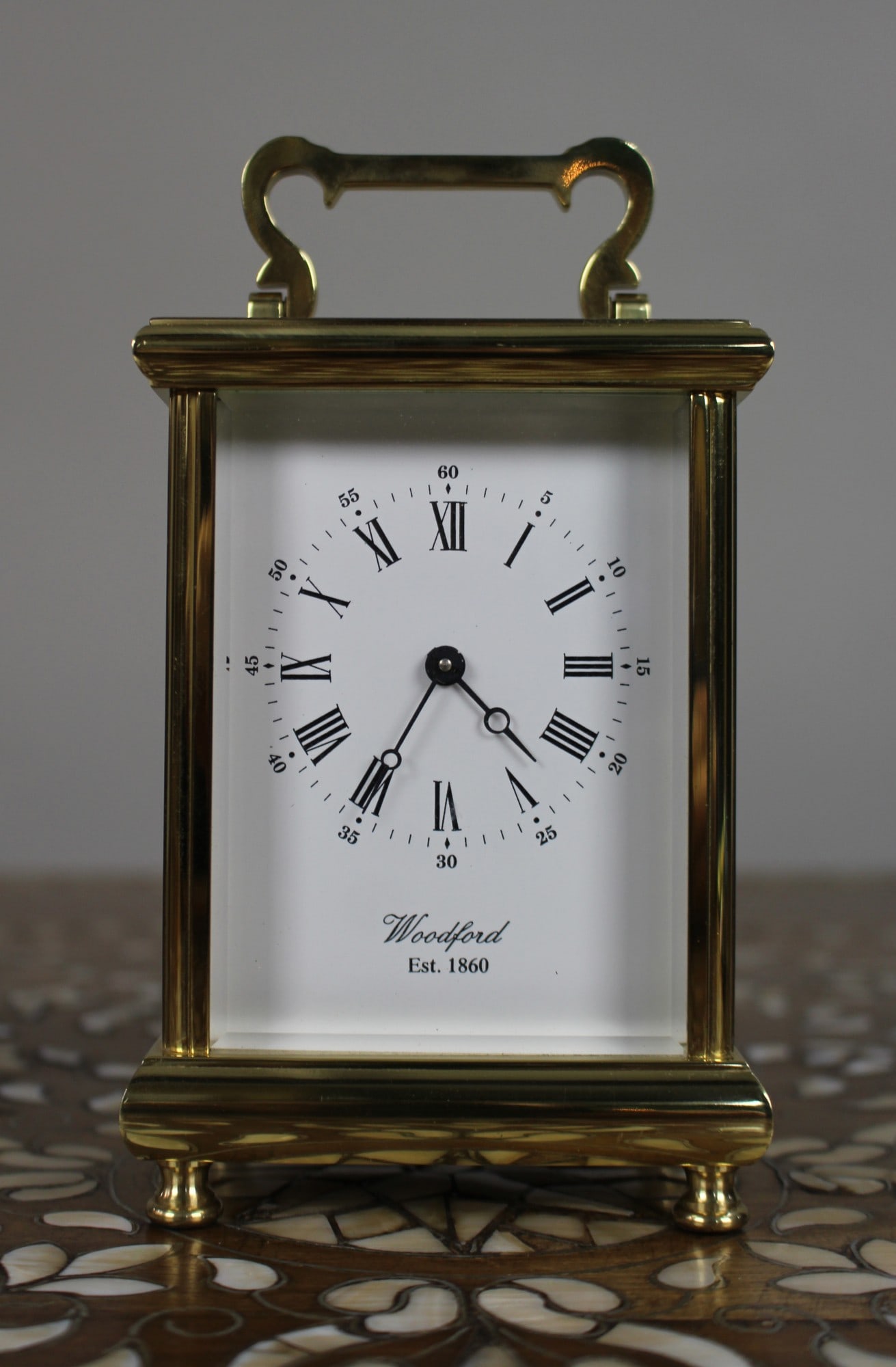 Woodford Brass Carriage Clock, Late 20th Century: Title: Woodford Brass Carriage Clock, Late 20th Century Description: Woodford Brass Carriage Clock, Late 20th Century A fine late 20th-century brass carriage clock by Woodford (Est. 1860). Of traditio
