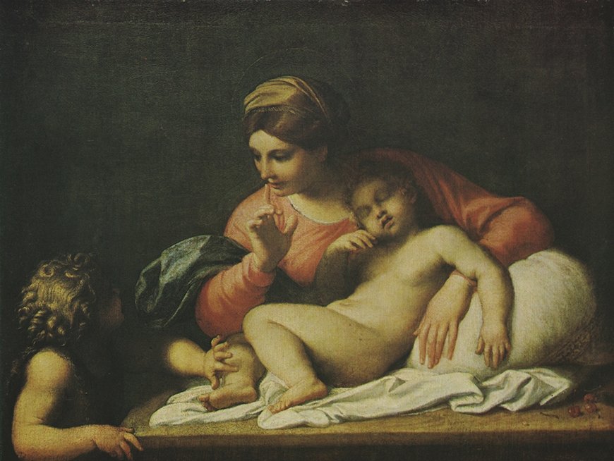 Il Silenzio, The Holy Family: Set of two lithographic prints comprising:lithographic print of painting by Annibale Carracci entitled The Madonna and Sleeping Child with the Infant St. John (Il Silenzio) , originally painted c.1599