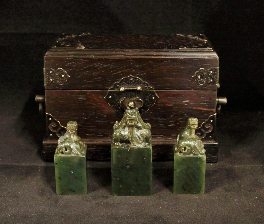 Qing Dynasty Qianlong Emperor Set of Three Jade Seals: This was a set of imperial seals of the Qianlong Emperor (1736-1795). It had a set of three personal seals which were used to stamp on his collections of paintings and calligraphy. They were kept in a