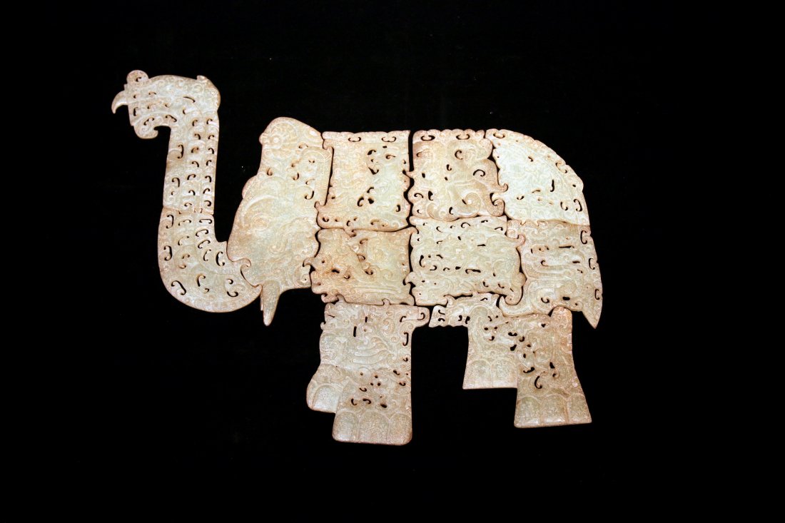 A Set of Complex Han Dynasty Carved Jade Elephant: Measurement: L 13 in., W 11 in., Thickness 1/8 in.