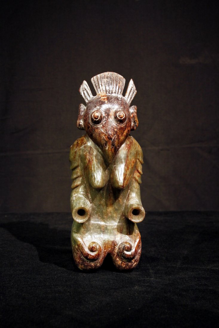 6000-years-old Hongshan Culture Jade Alien Figure: Measurement: L 3 in., W 3-1/4 in., H 8-1/2 in. This is a 6000 years old Hongshan culture artifact. It is a mythical animal crossed bred from an alien and a chimp. It is postulated that the ancient ali