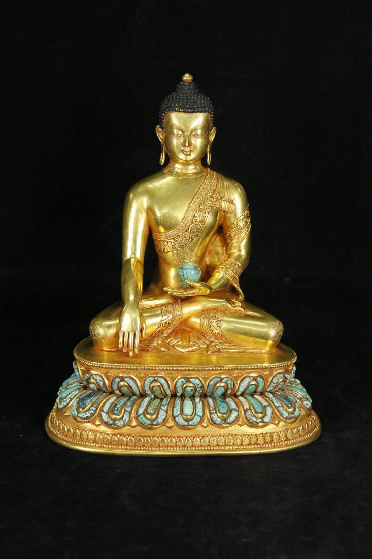 Ming Gilt-Bronze Bhaisajyaguru Figure Inlaid w/Turquois (1 of 10)
