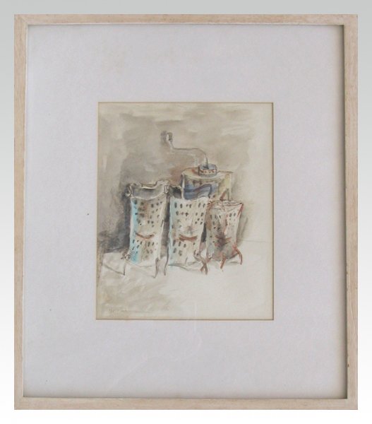 Yosl Bergner Original Watercolor Painting: Graters, 1970's, watercolor on paper, 13.3x11.7" (34x30cm), signed in Hebrew. Painting is in excellent condition and is framed 17.6x15.2" (45x39cm). For further information about this artist, please
