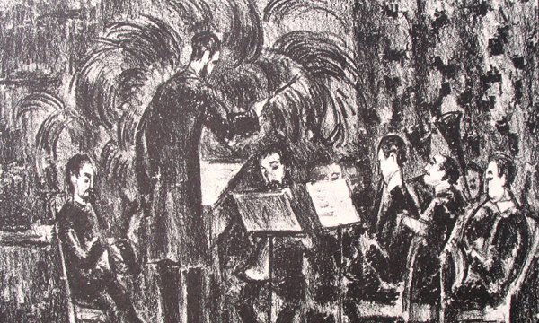 Max Weber Original Lithograph: Orchestra, Lithograph, 1936, 11.7x13.6" (30x35cm), signed in the plate. Stamped on the back. Isuued by American artists school, New York print is in excellent condition and is unframed. It has a whit