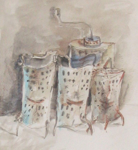 Y. Bergner Original Watercolor Painting: Graters, 1970's, watercolor on paper, 13.3x11.7" (34x30cm), signed in Hebrew. Painting is in excellent condition and is framed 17.6x15.2" (45x39cm). For further information about this artist, please
