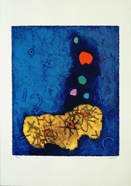 Mordecai Ardon Original Silkscreen, Jewish art: Mordecai Ardon (1896-1992) SILKSCREEN by this renowned Israeli artist. Signs from the Past, silkscreen, hand-signed in English and numbered in pencil, edition 200, 29.7x20.8" (75.5x53cm), 1970's. The