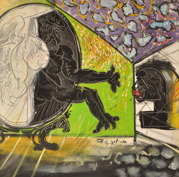 Uri Lifshitz ,Original oil painting, Israeli Art: Looking in the mirror, 1970's, oil on canvas, 40x40", (100x100 cm.), signed in English. Painting is in exhalant condition and is framed. Uri Lifshitz was born in 1936 in the kibbutz Givat Hashlosha,