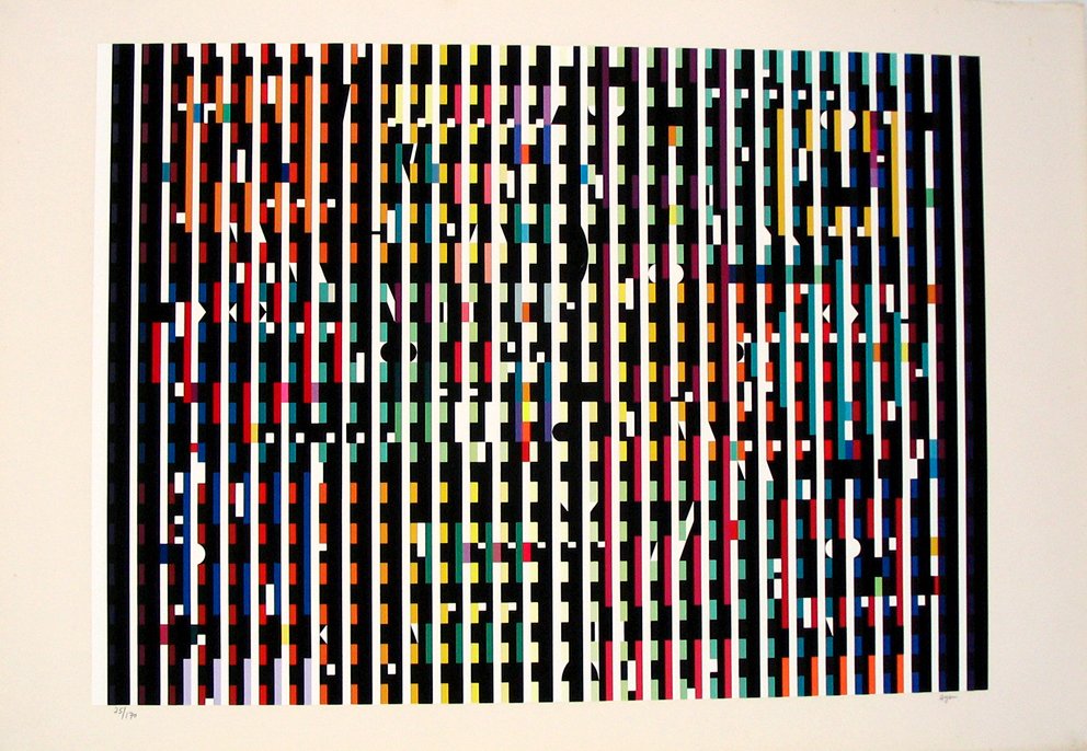 Yaacov Agam Original S&N Silkscreen, Kinetic Art: Midnight Light, 1960's, lithograph, 24.7x35.6" (62.8x90.5cm), edition 170, signed in English and numbered in pencil. Print is in very good condition and is unframed. You are buying this print directly