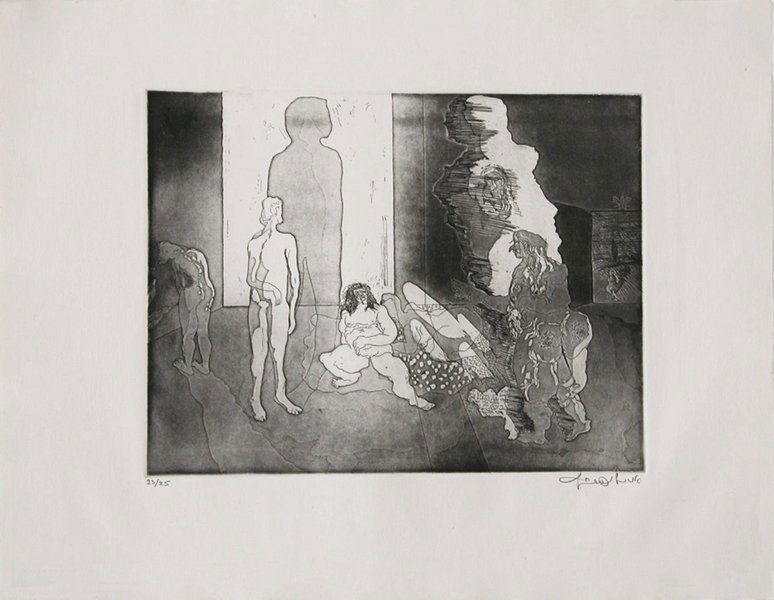 Uri Lifshitz Original S&N Etching, Israeli Art: Uri Lifshitz (b. 1936) ETCHING by one of the most significant and renowned Israeli artists. Figures, early 1970's, etching, 15.3x19.3" (39x49cm), edition 25, hand-signed in Hebrew and numbered in penc