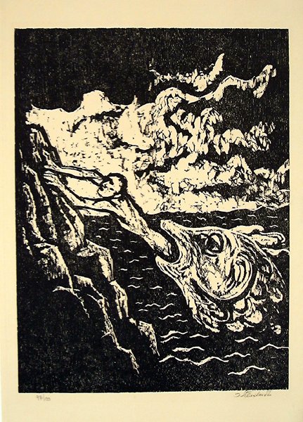 Jacob Steinhardt S&N Biblical woodcut, Israeli art: Jacob Steinhardt (1887-1968) S&N WOODCUT by this renowned Israeli artist. Jonah and the Fish, 1965, woodcut, 19.3x13.8" (49x35cm), edition 100, hand signed in English and numebred in pencil. Print is