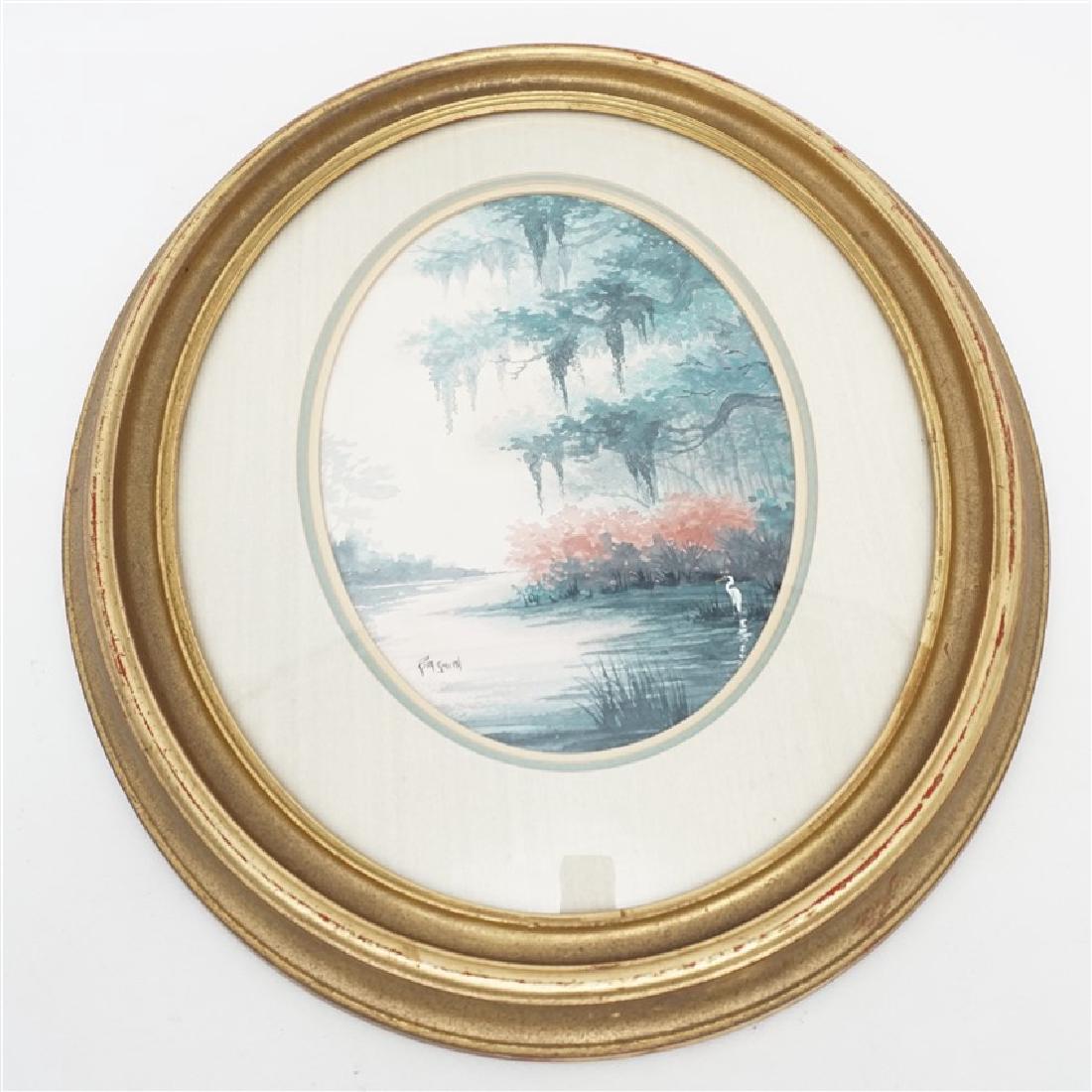 RITA SMITH LOWCOUNTRY LAGOON WATERCOLOR: Original Rita Smith Watercolor. Lowcountry lagoon early morning with spanish moss and snowy egret. Signed by the artist lower left. Professionally framed and double matted in oval gilt wood frame. In 
