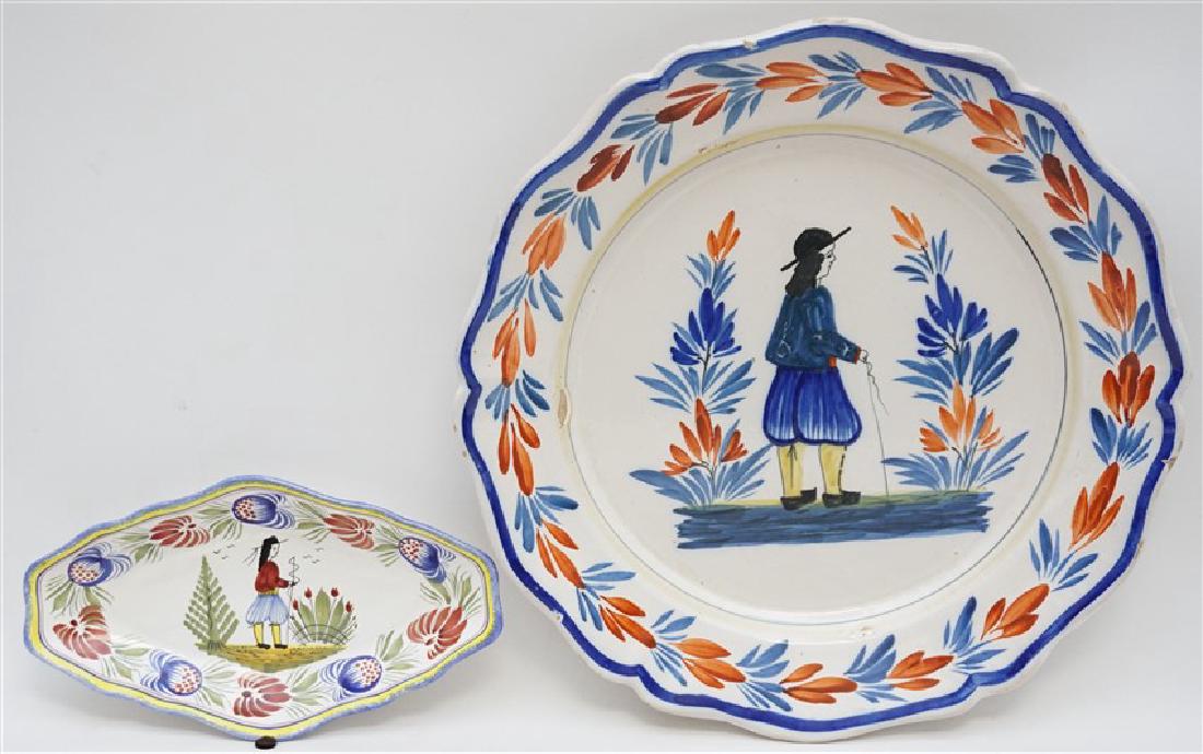 2 PC HENRIOT QUIMPER BRETON MAN FAIENCE: 2 Pieces of Henriot Quimper French Faience Items. 1 large 13" Round Chop Platter and a 9" OLive or Relish Dish. Henriot-Quimper was created in 1690 in Quimper by Jean-Baptiste Bousquet. It is one of t