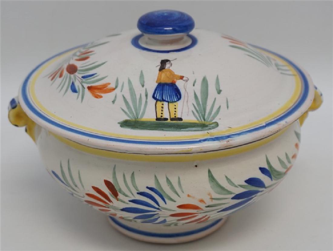HENRIOT QUIMPER FAIENCE TUREEN: Henriot Quimper French Faience Covered Tureen. Measures 7"x7"x6". Henriot-Quimper was created in 1690 in Quimper by Jean-Baptiste Bousquet. It is one of the oldest french faience manufacturers. At Hen