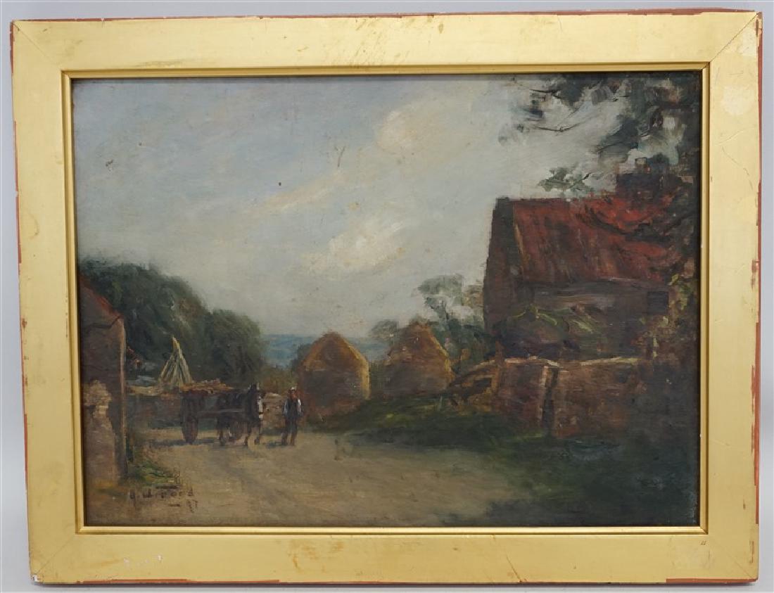 ENGLISH OIL ON BOARD LANDSCAPE W CART: Framed English School Oil on Board signed G.A. Ford. Country Lane with horse and cart. Signed G.A. Ford lower left and dated 97. Ford was active/lived in United Kingdom and was actively painting from 