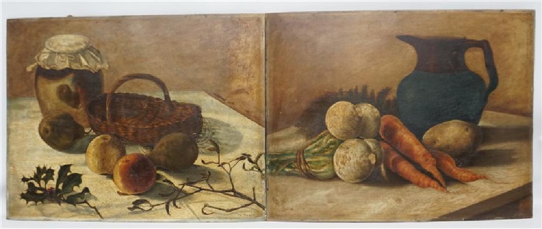 PAIR A. FAUST OIL ON BOARD STILL LIFE: A pair of Antique English Oil on Artist Board Still Life Paintings. Both are signed by the artist A. Faust, lower right. One with Fruit and the other Vegetables. Both were retailed at Arnold & Co., 49