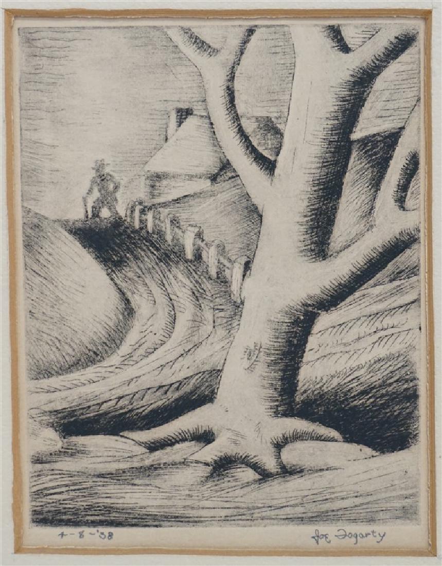 WPA ETCHING 1938 JOE FOGARTY: WPA era Etching April 8, 1938. Signed and dated in pencil by the artist, Joe Fogarty. American Regionalism style which was popular among many WPA artists such as Thomas Hart Benton and Grant Wood. Dur