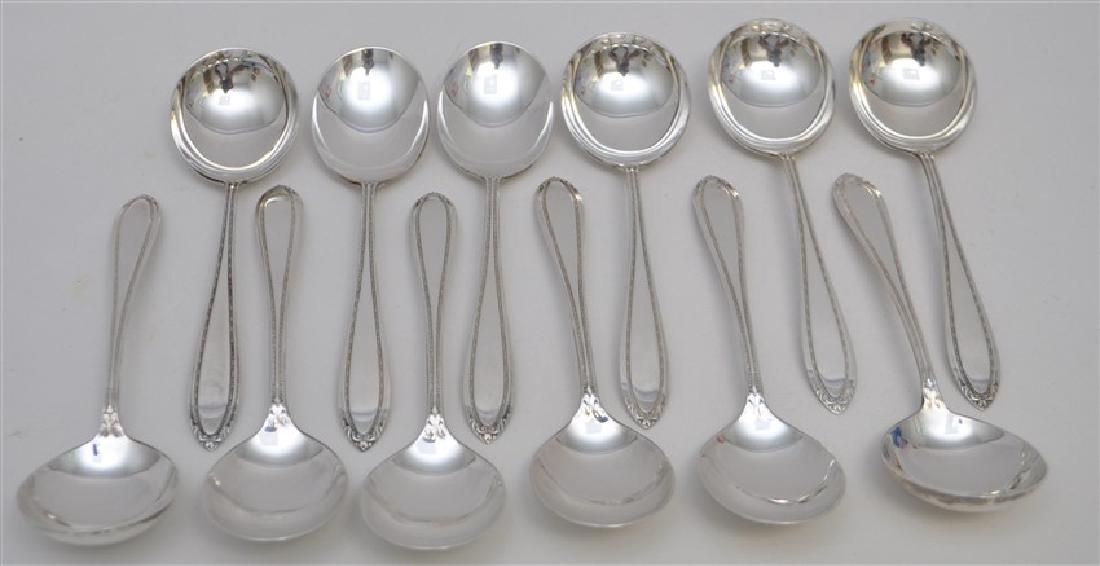 12 STERLING SILVER BOUILLON SPOONS - LADY BETTY: 12 Sterling Silver Round Bowl Soup Spoon (Bouillon) in the Lady Betty Pattern c. 1920 by International Silver. No Monograms. Each Measure 5 1/4" long. Weight is 240 grams. PROVENANCE: A Cumberland Mar