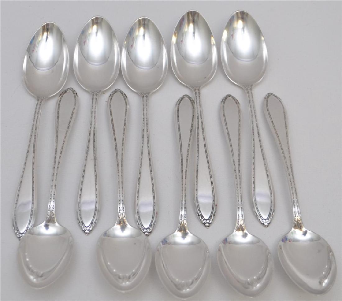 10 STERLING SILVER TEASPOONS - LADY BETTY: 10 Sterling Silver Teaspoons in the Lady Betty Pattern c. 1920 by International Silver. No Monograms. Each Measures 6" long. Total Weight is 205 grams. PROVENANCE: A Charleston SC Private Estate.