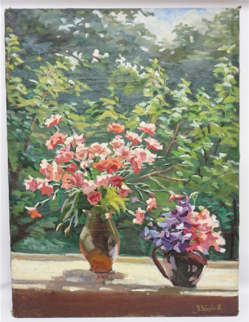 GASPAR ANNI FELEKINE (1902-1992) OIL STILL LIFE: Gáspár Anni Felekiné, Hungarian (1902-1992) Oil on Canvas Still Life. Stunning Mid Century Still Life of Two Stoneware Pitchers filled with Flowers on a Window Ledge in the Summer c. 1940-50s. Sign