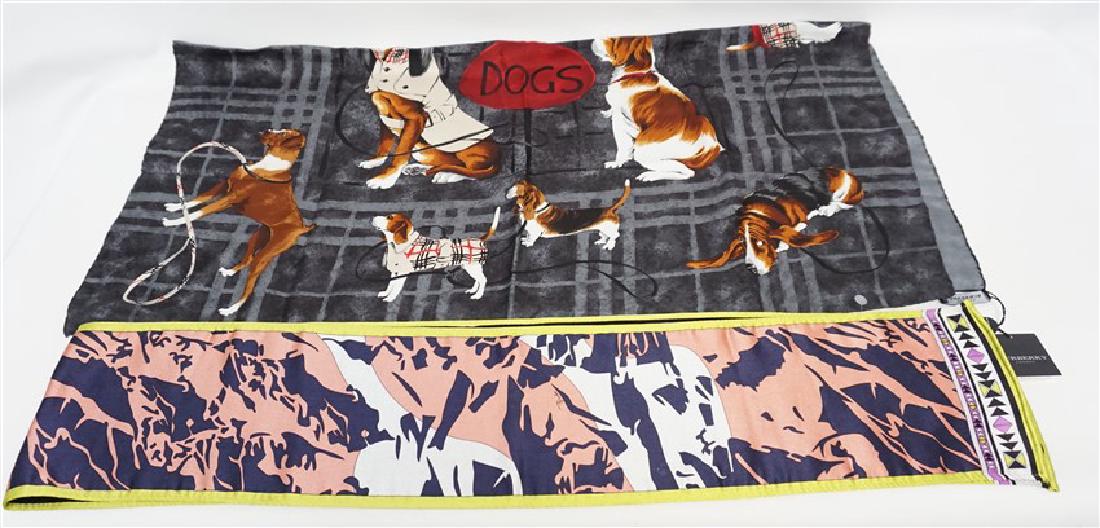 BURBERRY & PUCCI SILK & CASHMERE SCARVES: 1- New with tags, Large Burberry 100% silk scarf "Dogs". Measures 36"x36". 2- Emilio Pucci Cashmere and Silk Scarf. Measures 70" long and 7" wide. Both are in excellent condition. PROVENANCE: A Charle