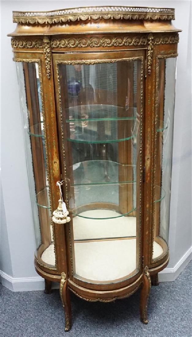 FRENCH ANTIQUE HAND PAINTED VITRINE: Antique French Hand Painted and gilt ormolu mounted, serpentine front vitrine, late 19th/early 20th century, the shaped plinth above a glazed door and sides, square section cabriole legs and sabots. M