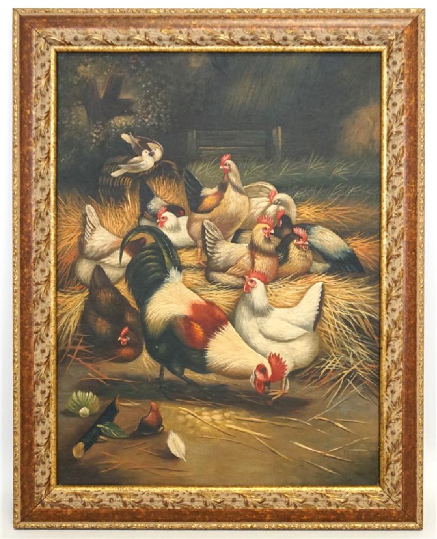 EDGAR HUNT (1876-1955) BARNYARD CHICKENS: Oil on Canvas Barnyard with Roosters, Chickens and Doves attributed to Edgar Hunt, signed lower right. Incredible detail, the painting was professionally framed in a Gilt Italian Frame at a Gallery. I