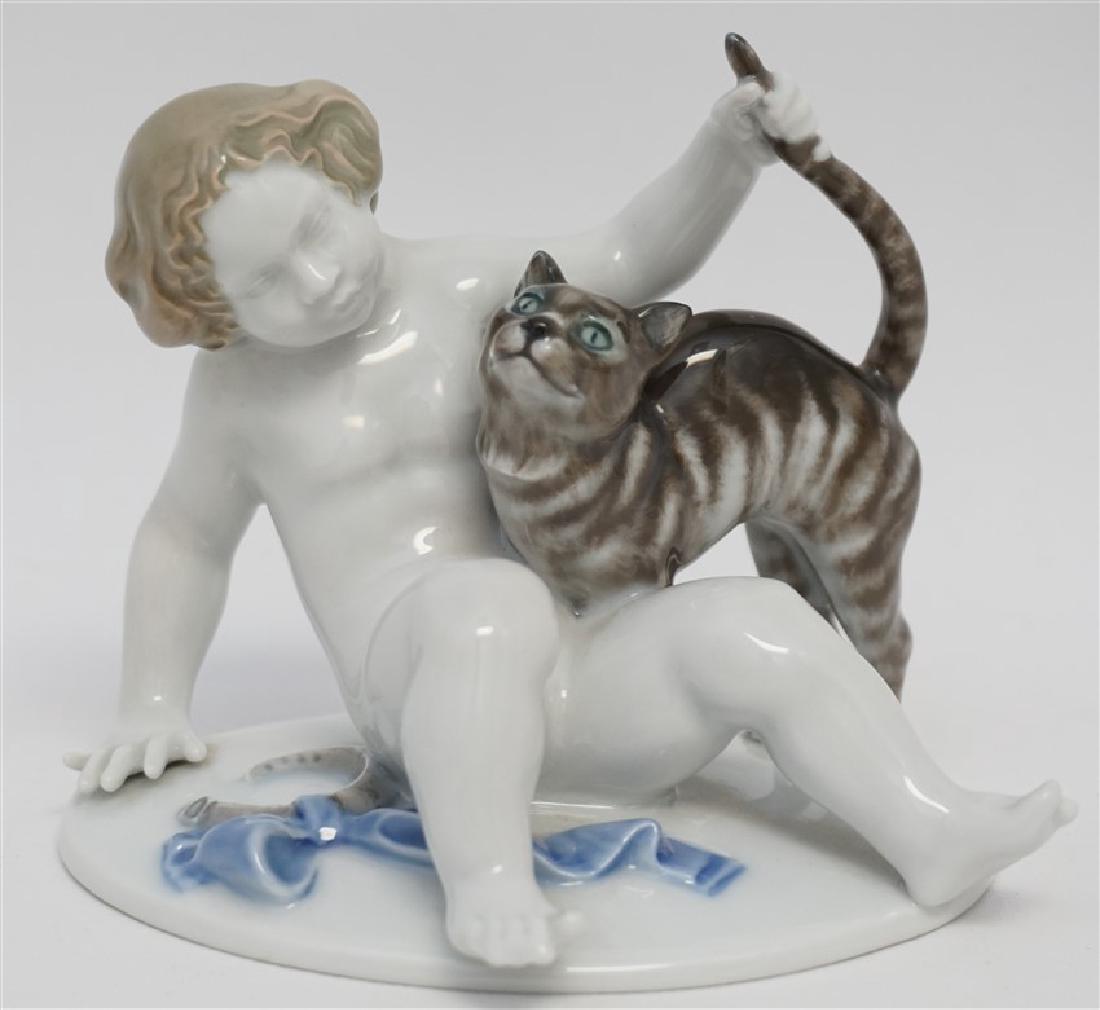 ROSENTHAL PUTTI & CAT - GUSTAV OPPEL: We are very pleased to present this 1930s Gustav Oppel sculpted Putti and kitty, finished in the in house decorating department of the famed Philip Rosenthal Co. of Selb, Bavaria. This lovely 5" x 3..