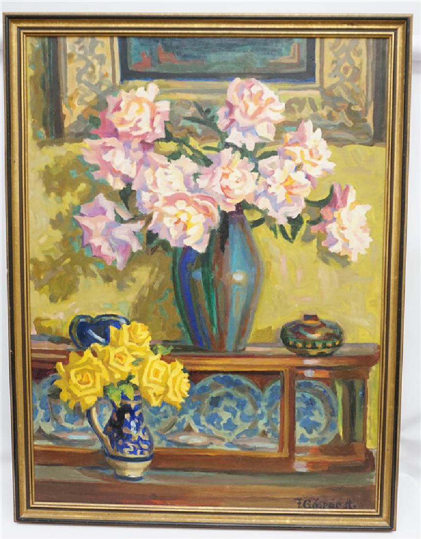GASPAR ANNI FELEKINE (1902-1992) OIL STILL LIFE: Gáspár Anni Felekiné, Hungarian (1902-1992) Oil on Canvas Still Life. Stunning Mid Century Still Life of a Vase and a Pitcher filled with Pink and Yellow Roses on sideboard with blue & white china 