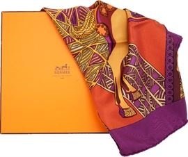 HERMES MIB SILK SCARF ART DES STEPPES: Stunning Mint in the Original Box Art des Steppes 100% Silk Large Scarf from Hermes, Paris. The scarf features depictions of ancient Steppe art with an equestrian theme. Designed by Annie Faivre, this