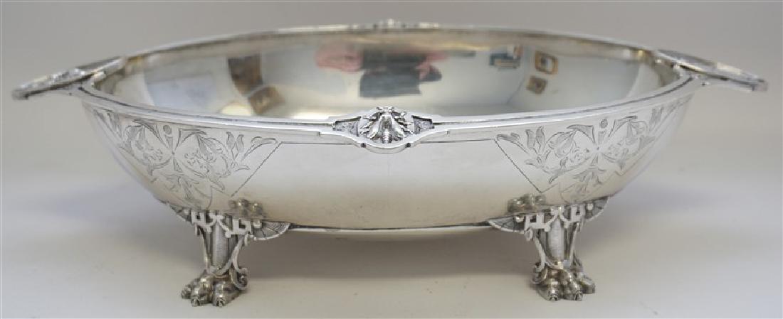 GEORGE W WEBB BALTIMORE SILVER BEE BOWL: A 19th century George W. Webb & Co., Baltimore, MD. unusual Silver Bowl with ornate paw feet, etched sides, bee and maiden handles. The base is marked G.W. Webb 390 Standard F.L.K. Used to serve fruit