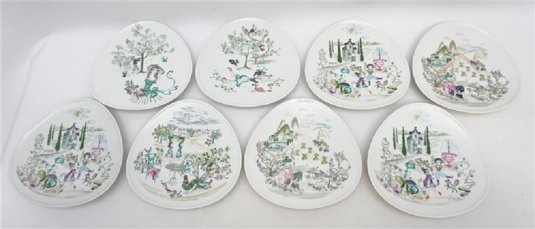 8 MID CENTURY ROSENTHAL BELE BACHEM PLATES: Eight Vintage Mid Century Rosenthal Porcelain Bele Bachem (1916-2005) three-cornered, oval form Dessert Plates. Decorated with various overglazed paintings. Ground with a green Rosenthale backstamp us