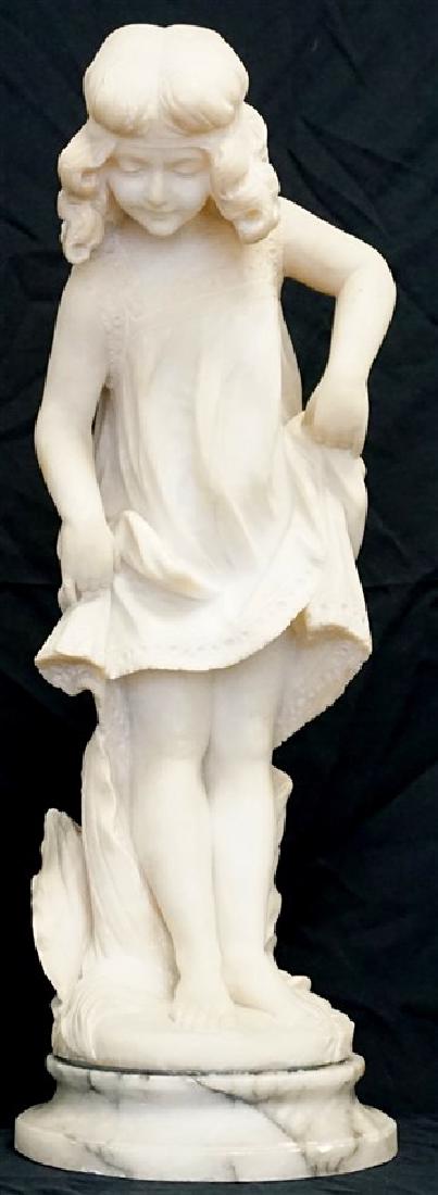19th CENTURY ALABASTER SCULPTURE YOUNG GIRL: Antique Late 19th, Early 20th c. finely carved Alabaster Statue on Marble Plinth. A young girl with lace trimmed frock. Purchased from the Estate of Monty Wooley in the 1960s. Measures 6"x8"x18.50" ta